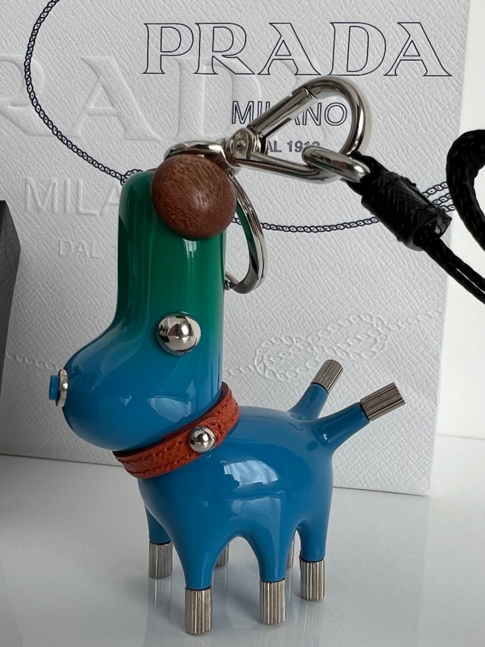 Prada Keychain Dog Motif Robot Charm Animal Keyring with Strap Blue Green Silver